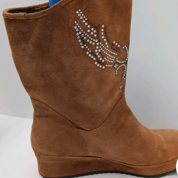 Reba Studded Angel Wings brown leather suede wedge boots - Picture 5 of 6